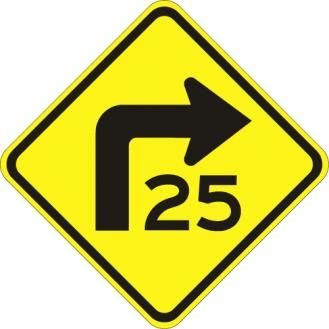 W1-1aR - Turn with Advisory Speed Right Sign