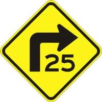 W1-1aR - Turn with Advisory Speed Right Sign