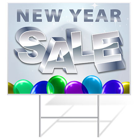 Custom New Year Yard Sign. Gray yard sign with orange , green, blue and purple balloon tops along the bottom. There is Gray large caps text at the top that says "NEW YEAR"/ Below that there is larger caps text that says "sale".