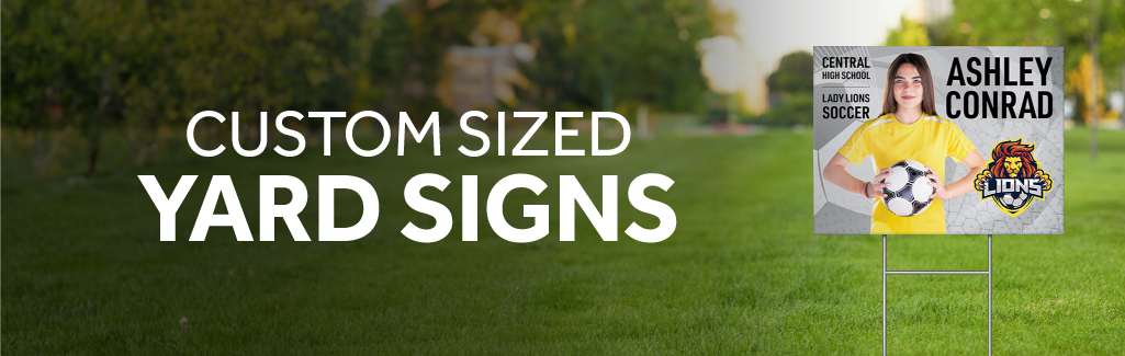 Custom sized yard sign promoting a little girls succor team. SHe is brunette, wearing a yellow t-shirt holding a soccer ball.