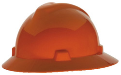 Orange MSA V-Gard full brim hard hat