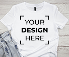 white custom t-shirt that has "your design here" 