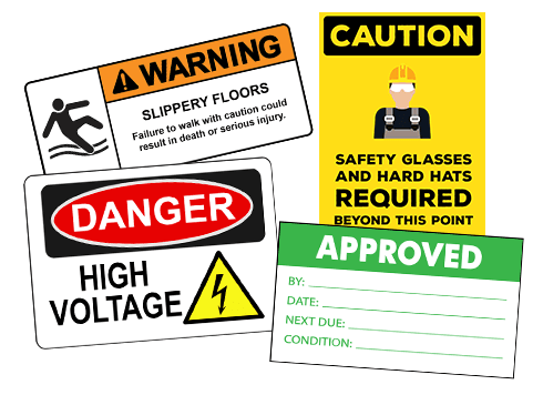 Different types of custom warning label with messages of Caution, Danger and High Voltage.v