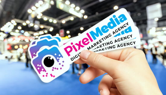 Low Tack Vinyl Decals with Lamination in a die-cut form advertising Pixel Media. Company logo is in the shape of a camera.