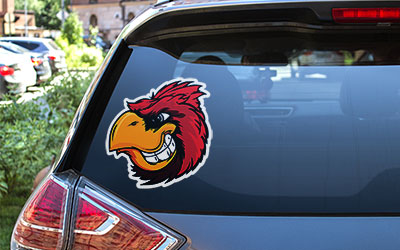 Custom Car Sticker of a cardinal head on the back window of a black crossover vehicle.