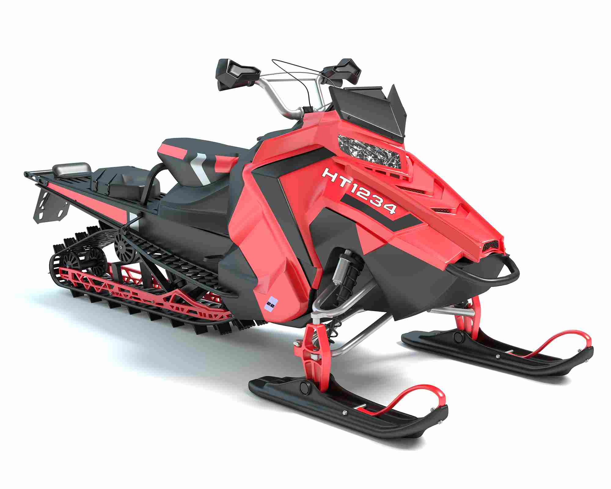 Red and black snowmobile with a white snowmobile decal for registration.