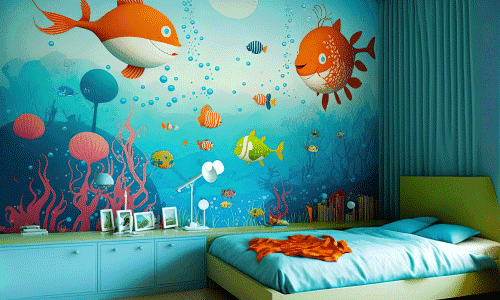 Custom aquatic wallpaper background in bedroom