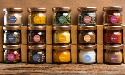 Round stickers on different spice jars