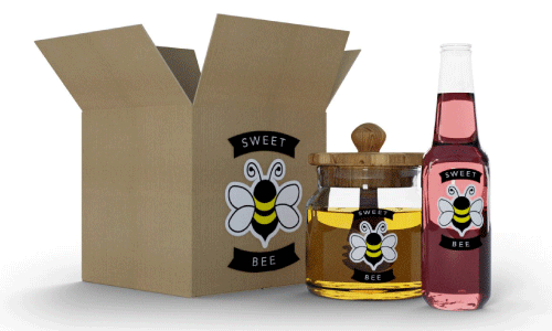 Die-Cut Labels advertising for a honey company on a box, jar and bottle.