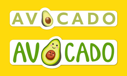 Decal and sticker that say avocado with avocado imagery on yellow background