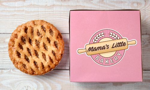 Mama's Little Bakery Pink Branded Box next to a famous pie