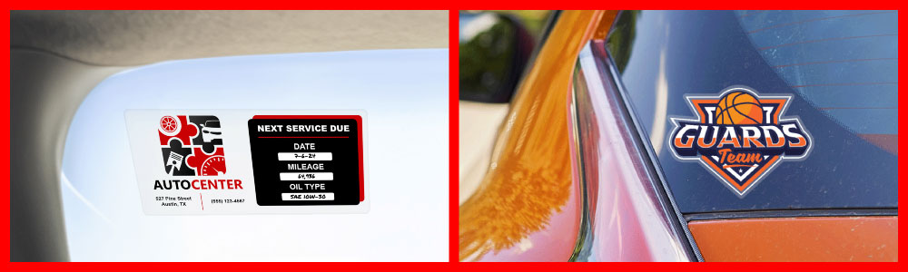 Front-adhesive oil change decal compared to back-adhesive window decal.