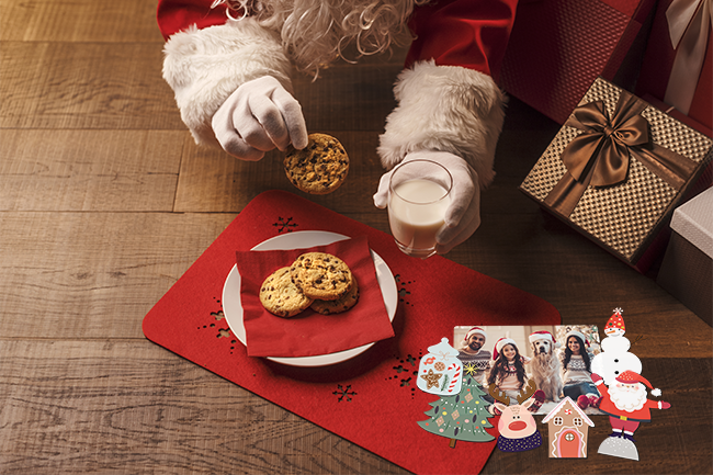 Santa grabbing cookies and milk by the presents