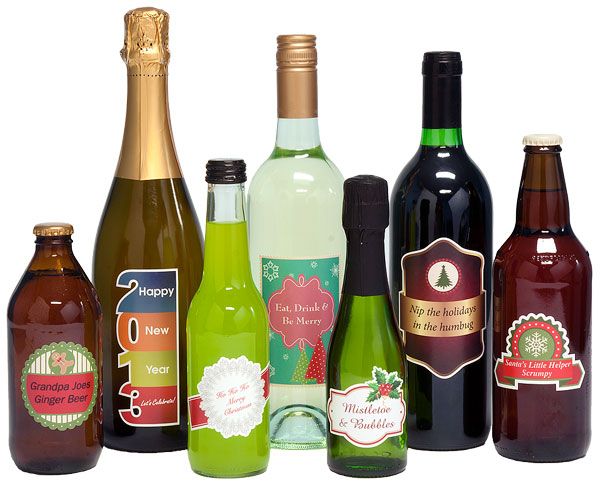 An assortment of bottle labels on various types of wine, beer and liqeur bottles.