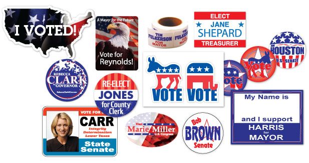 An assortment of political themed stickers both die cut and kiss cut.