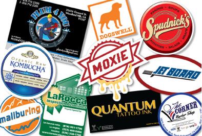 Assortment of business stickers in different shapes and sizes. Like logos, branding and messaging.