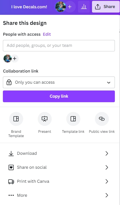 Sharing options in Canva | Decals.com