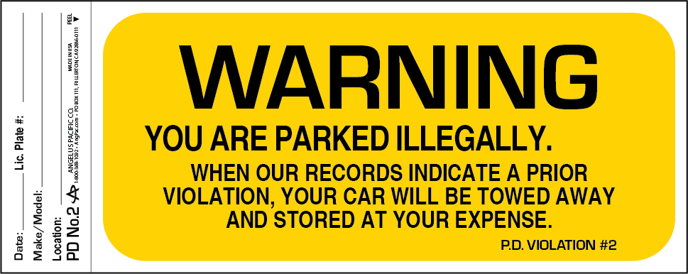 Parking Violation Warning Decals PD-No.2 | Angelus Pacific