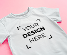 custom white t-shirt that has "your design here"