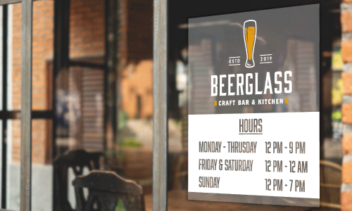 Business hours stickers with beer glass black on white text