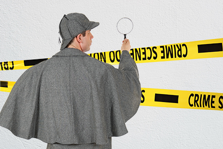 investigator observing a wall that has yellow crime scene investigation tape with a magnifying glass
