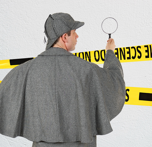 investigator observing a wall that has yellow crime scene investigation tape with a magnifying glass