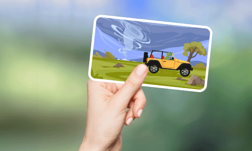 Cartoon image of a yellow Jeep Wrangler driving on green grass. A green T-Rex is driving the Jeep, and it is being chased by a tornado. There is a green leafy tree in the background.
