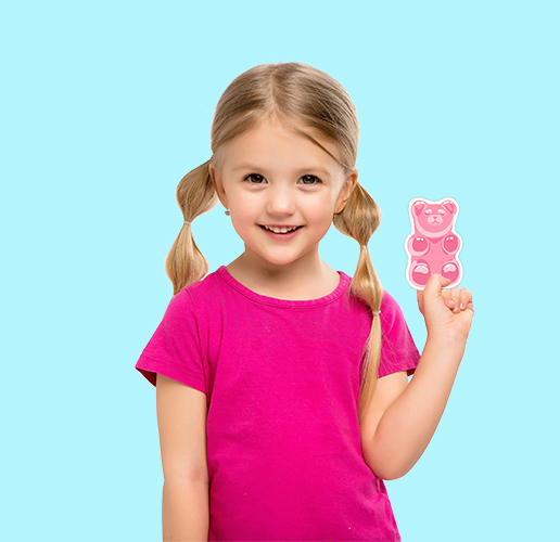 little girl holding a pink, die-cut, teddy bear sticker