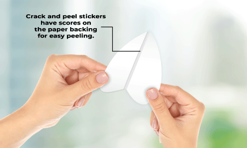 Image of crack an peel sticker being peeled. There is a text explanation describing the paper backing.