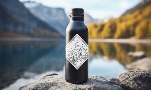 Blurred mouuntains with lake in the background. Black water bottle sitting on a rock in foreground. On the water bottle there is a diamond shaped kiss-cut sticker. The sticker has a black and white scene of a mountain, and sun.