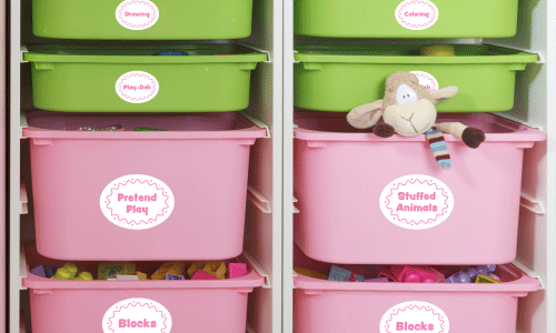 oval organizational labels on children's toy bins