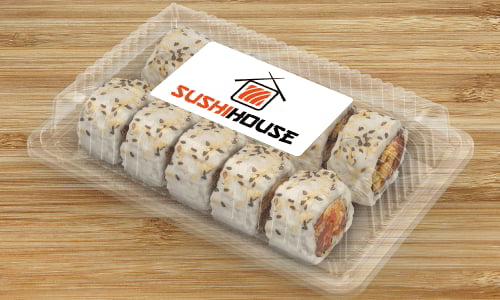 Sushi House label on clear sushi container