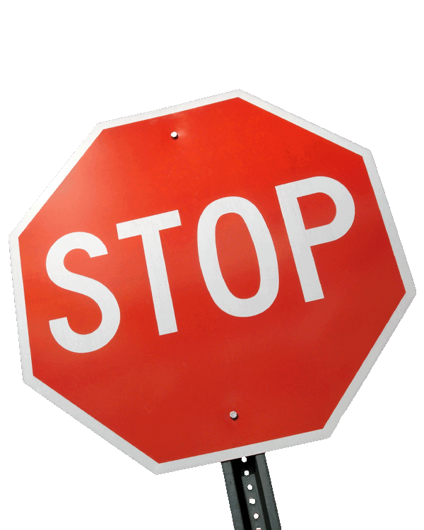 Standard stop sign on post. White background. The sign is slightly tilted down and to the left.