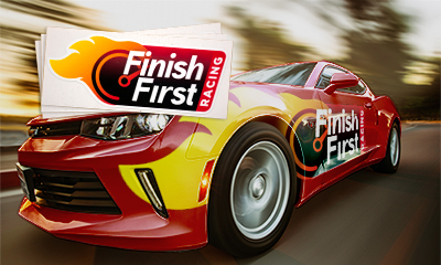 Kiss cut Avery Dennison Decal with Lamination in the shape of a flame on a racecar advertising for Finish First Racing.