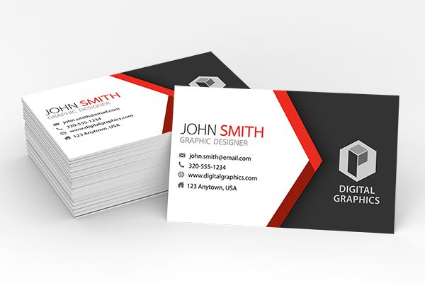 Stack of custom business cards in black and white advertising for John Smith Graphics.