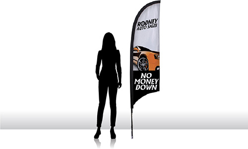 7 foot razor flag next to the silhouette of a woman.