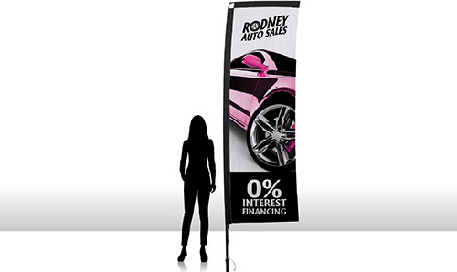 10 foot rectangle flag next to the silhouette of a woman.