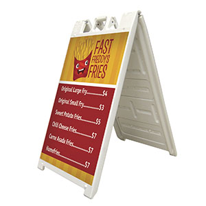 White Signicade Deluxe A-Frame advertising Fast Freddys Fries.