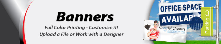 Header image for banners category page. Image text reads Banners Full Color Printing Customize it. Upload a file or work with a designer. 