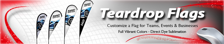 Wholesale Tear Drop Flag header image with all sizes of flags in a graphic with text Teardrop Flags Customize a Flag for Teams, Events and Businesses Full Vibrant Color Direct Dye Sublimation.