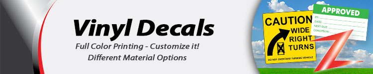 Header image for vinyl decals category page. Text reads Vinyl Decals Full Color Printing Customize It. Different Material Options.